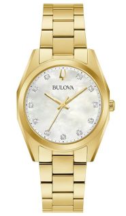 Elegant dameklokke fra Bulova med perlemorskive og 11 diamanter i gulltonet stål - Surveyor Collection | 97P172