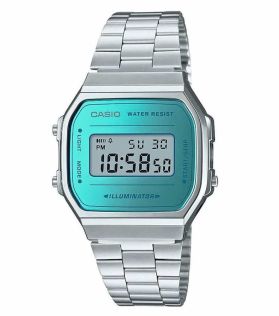 Vintage digital klokke med blå metallisk skjerm og stålrem | A168WEM-2EF