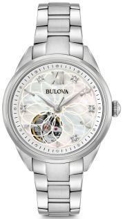 Bulova Classic automatisk dameklokke med perlemor urskive, ekte diamanter og synlig urverk | 96P181