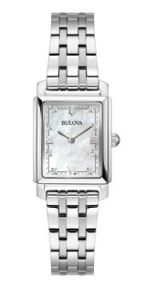 Elegant rektangulært dameklokke fra Bulova med perlemorskive og diamanter i stål - Sutton Collection | 96P244
