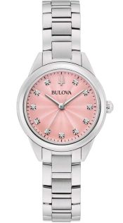 Elegant dameklokke fra Bulova med rosa urskive og 11 diamanter i rustfritt stål - Sutton Collection | 96P249