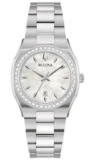Elegant dameklokke fra Bulova med perlemorskive og diamantbesatt bezel i rustfritt stål - Surveyor Collection | 96R245