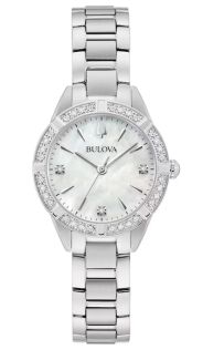 Elegant dameklokke fra Bulova med perlemorskive og 19 diamanter i rustfritt stål - Sutton Collection | 96R253