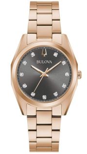Bulova Surveyor dameklokke med grå urskive, ekte diamanter og roségull stålkasse | 97P156