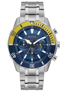 Bulova sports kronograf herreur med blå urskive og gul dykkerring | 98A245