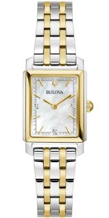 Elegant rektangulært dameur fra Bulova med perlemorskive og diamanter i to-farget stål - Sutton Collection | 98P220
