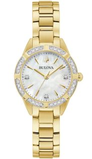 Elegant dameklokke fra Bulova med perlemorskive og 19 diamanter i gulltonet stål - Sutton Collection | 98R297
