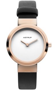 Minimalistisk Aistrup dameklokke med ren hvit urskive, rosé finish og svart lærrem til den moderne kvinnen | AIW7606