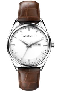 Klassisk herreur med hvit urskive, dato- og dagvisning samt brun lærrem fra Aistrup Classic 78 kolleksjonen | AIW7801