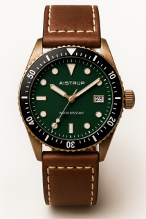 Aistrup AIW8503 Brass Classic Sapphire herreur med grønn urskive og lærrem | AIW8503