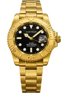 Aistrup luksuriøst herreur med sort urskive, guldtonet drejelunette og guldtonet stållænke | AIW8803 