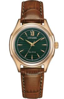 Citizen Eco-Drive dameklokke med grønn urskive og lærrem | FE2113-16X