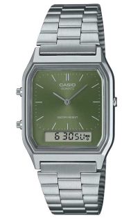 Dobbelt display Casio-klokke med grønn sunray urskive og rektangulært design | AQ-230A-3AMQYES 
