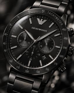 Helsvart Emporio Armani Mario herreklokke i stål med kronograf i 43mm 