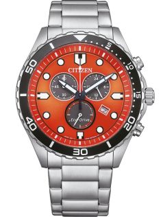 Citizen Eco-Drive kronograf i stål med H500 urverk og oransje urskive | AT2560-84X
