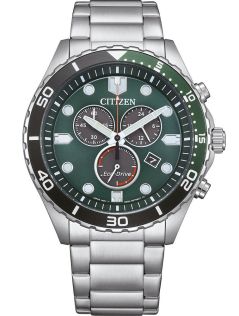 Citizen Eco-Drive kronograf i stål med H500 urverk og grønn urskive | AT2561-81X