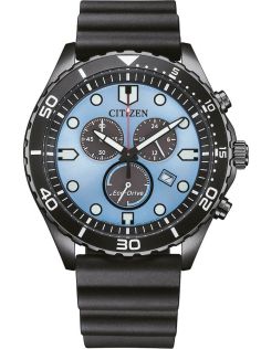 Citizen Eco-Drive kronograf i svart stål med H500 urverk og blå urskive | AT2567-18L