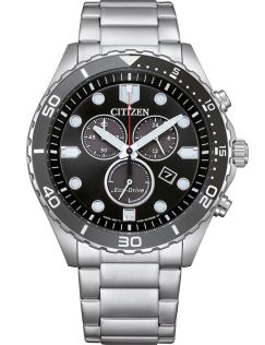Citizen Eco-Drive kronograf i stål med H500 urverk og sort urskive | AT2568-82E