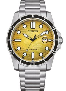 Citizen Eco-Drive sportsklokke i stål med J810 urverk og gul urskive | AW1816-89X