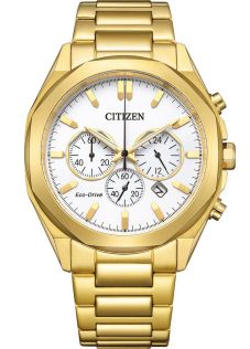 Citizen Eco-Drive kronograf i gylden farget stål | Hvit urskive med kronograf | CA4592-85A