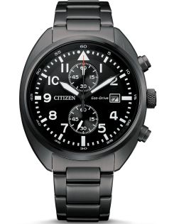 Citizen Eco-drive kronograf i grå IP-stål | Svart militærdesign med kronograf og 7 måneders gangreserve | CA7047-86E
