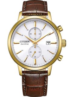 Citizen Eco-drive kronograf med gullbelagt urkasse | Klassisk herreur med hvit urskive og brun lærrem | CA7062-15A