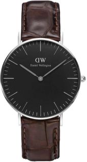 Daniel Wellington Classic Black York - Dameklokke i sølv med mørkebrun lærreim