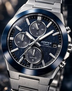 Casio herreklokke i stål med blå urskive, solenergi og keramisk bezel i 41mm