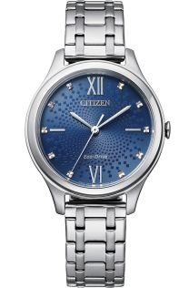 Citizen Eco-Drive dameklokke med mønstret blå urskive | EM0500-73L