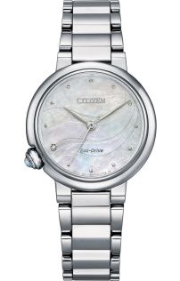 Citizen Eco-drive dameklokke med diamant og perlemor | Elegant stålklocke med edelstener i kronen og seks måneders gangreserve | EM0910-80D