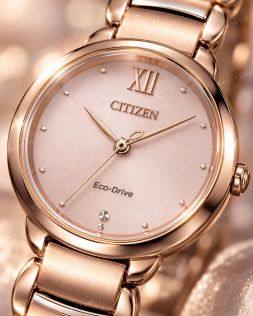 Roségullfarget Citizen dameklokke med solenergi, safirglass og diamant i 28mm