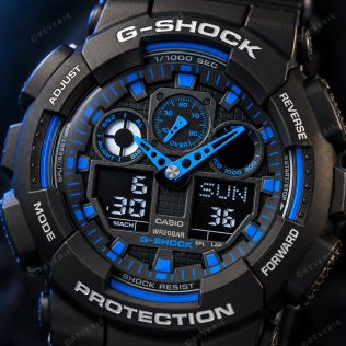 Svart Casio G-Shock herreklokke med blå detaljer og analog-digital visning i 51mm