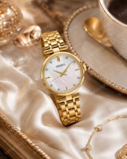 Seiko gullfarget dameklokke med 8 diamanter, safirglass og perlemorskive 29mm