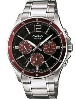 Neobrite Black Casio med trippel sub-dial og lysende stål kronograf | MTP-1374PD-5AVEF
