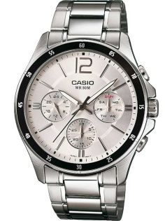 Casio klassisk sølvfarget kronografklokke i rustfritt stål med dag-dato visning | MTP-1374PD-7AVEF