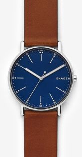 Elegant Skagen klokke med brun skinnrem og blå urskive - Skagen Signatur SKW6355