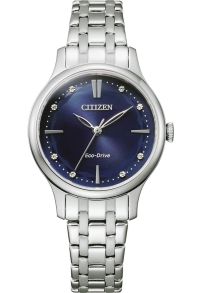 Citizen Eco-Drive dameklokke i stål | Blå urskive med krystallmarkører | EM0890-85L