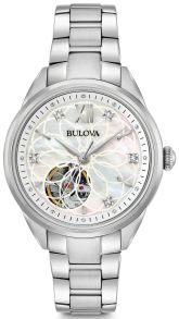 Bulova Classic automatisk dameklokke med perlemor urskive, ekte diamanter og synlig urverk | 96P181