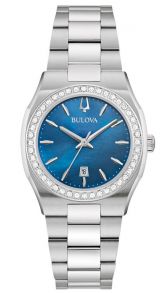 Elegant dameklokke fra Bulova med blå perlemorskive og diamantbesatt bezel i rustfritt stål - Surveyor Collection | 96R246 