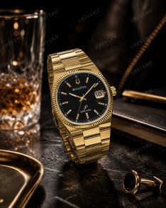 Bulova gullfarget vintage herreklokke med svart urskive 38mm 