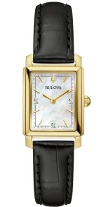 Elegant rektangulært dameklokke fra Bulova med perlemorskive og diamanter i gulltonet stål - Sutton Collection | 97P166