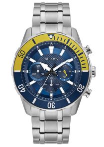 Bulova sports kronograf herreur med blå urskive og gul dykkerring | 98A245