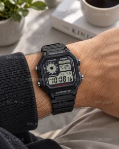 Svart Casio digital herreklokke med 5 alarmer og verdenstid i 42mm