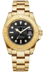 Aistrup luksuriøst herreur med sort urskive, guldtonet drejelunette og guldtonet stållænke | AIW8803