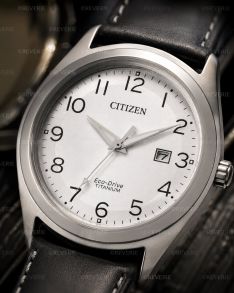 Citizen Eco-Drive herreklokke i titan med svart lærrem 41mm