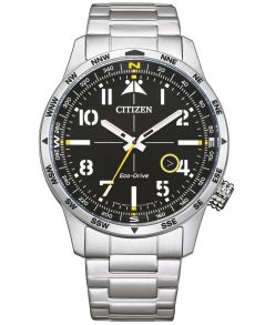 Citizen Eco-Drive herreur i stål med kompass | Pilotdesign med arabiske tall og 100m vanntetthet | BM7550-87E
