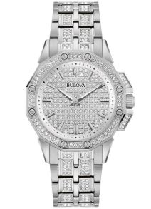 Bulova Octava Crystal dameklokke med krystallbesatt urskive og stållenke | 96L305