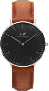 Daniel Wellington Classic Black Durham - Dameklokke i sølv med brun lærreim og sort skive