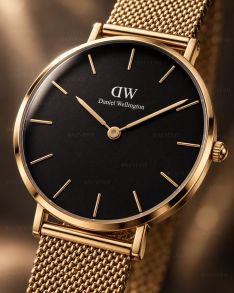 Gyllen Daniel Wellington dameklokke med svart urskive og meshlenke i 32mm 