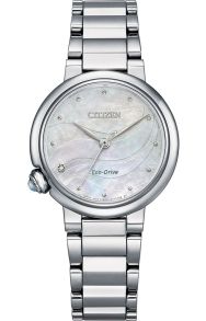 Citizen Eco-drive dameklokke med diamant og perlemor | Elegant stålklocke med edelstener i kronen og seks måneders gangreserve | EM0910-80D 